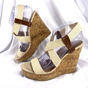 Steve Madden Elika Sz 9.5 Wedge Heel Platform Sandals Cork Stretch Fabric Straps